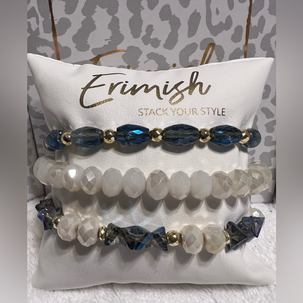 Brand New Erimish 3 Pc Stack  Dk Blue Creamy White  Gold
